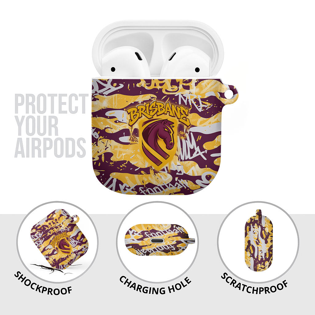 Brisbane Broncos Rugby AirPods Case Graffiti Typography Urban Camo Abstract Street Style
