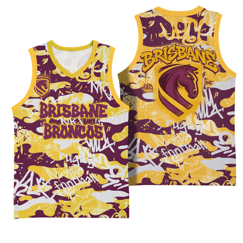 Brisbane Broncos Rugby Basketball Jersey Graffiti Typography Urban Camo Abstract Street Style