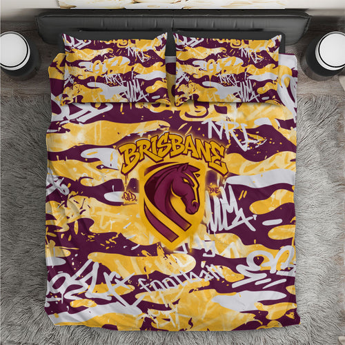 Brisbane Broncos Rugby Bedding Set Graffiti Typography Urban Camo Abstract Street Style