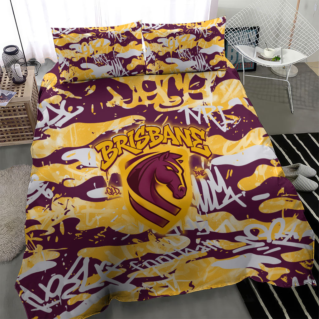 Brisbane Broncos Rugby Bedding Set Graffiti Typography Urban Camo Abstract Street Style