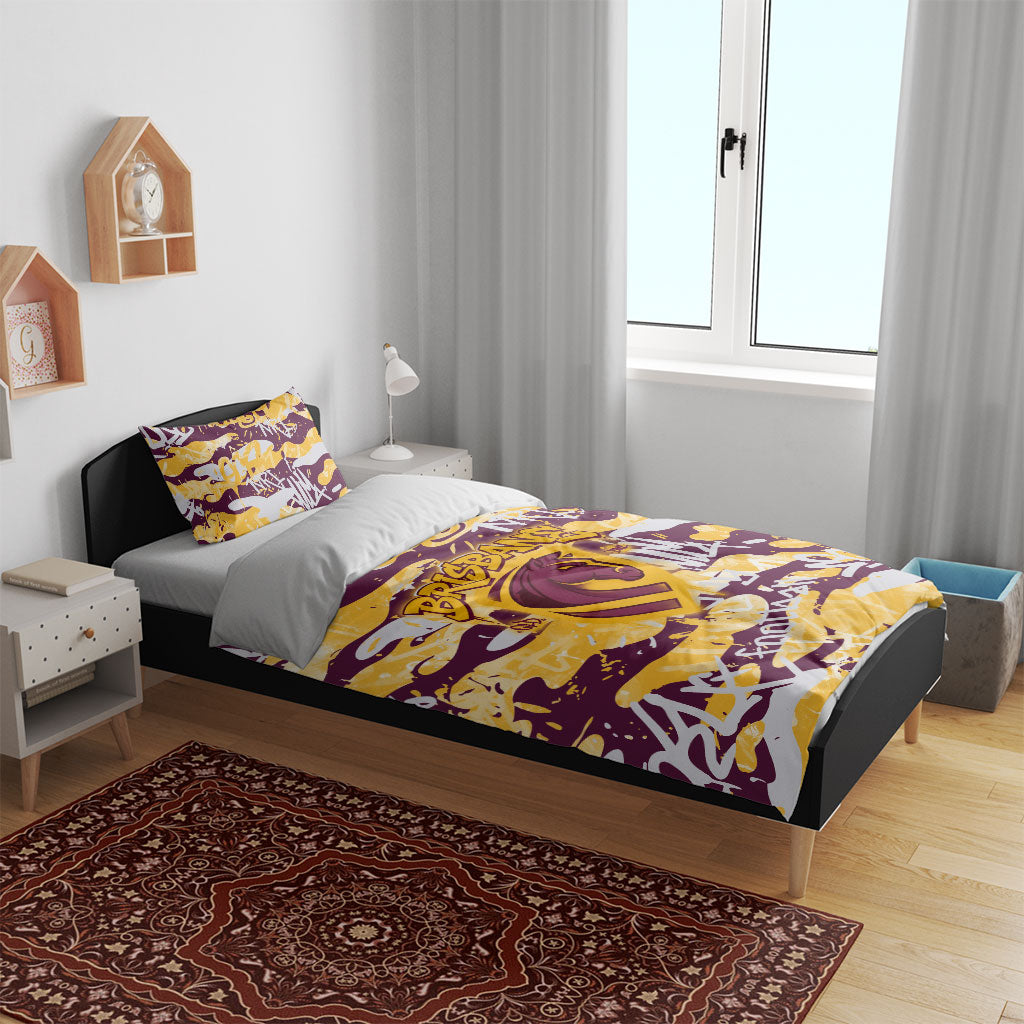 Brisbane Broncos Rugby Bedding Set Graffiti Typography Urban Camo Abstract Street Style
