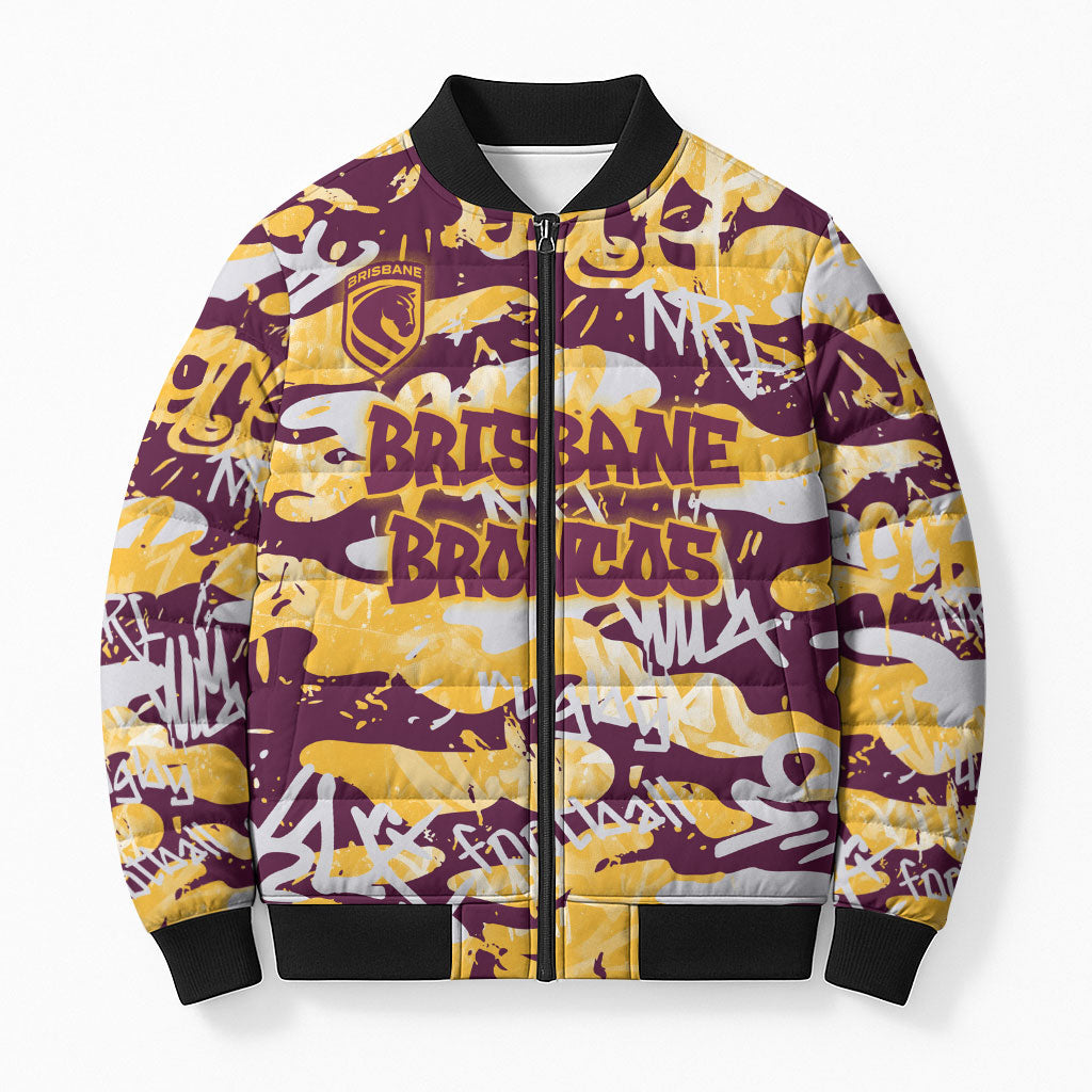 Brisbane Broncos Rugby Bomber Puffer Jacket Graffiti Typography Urban Camo Abstract Street Style