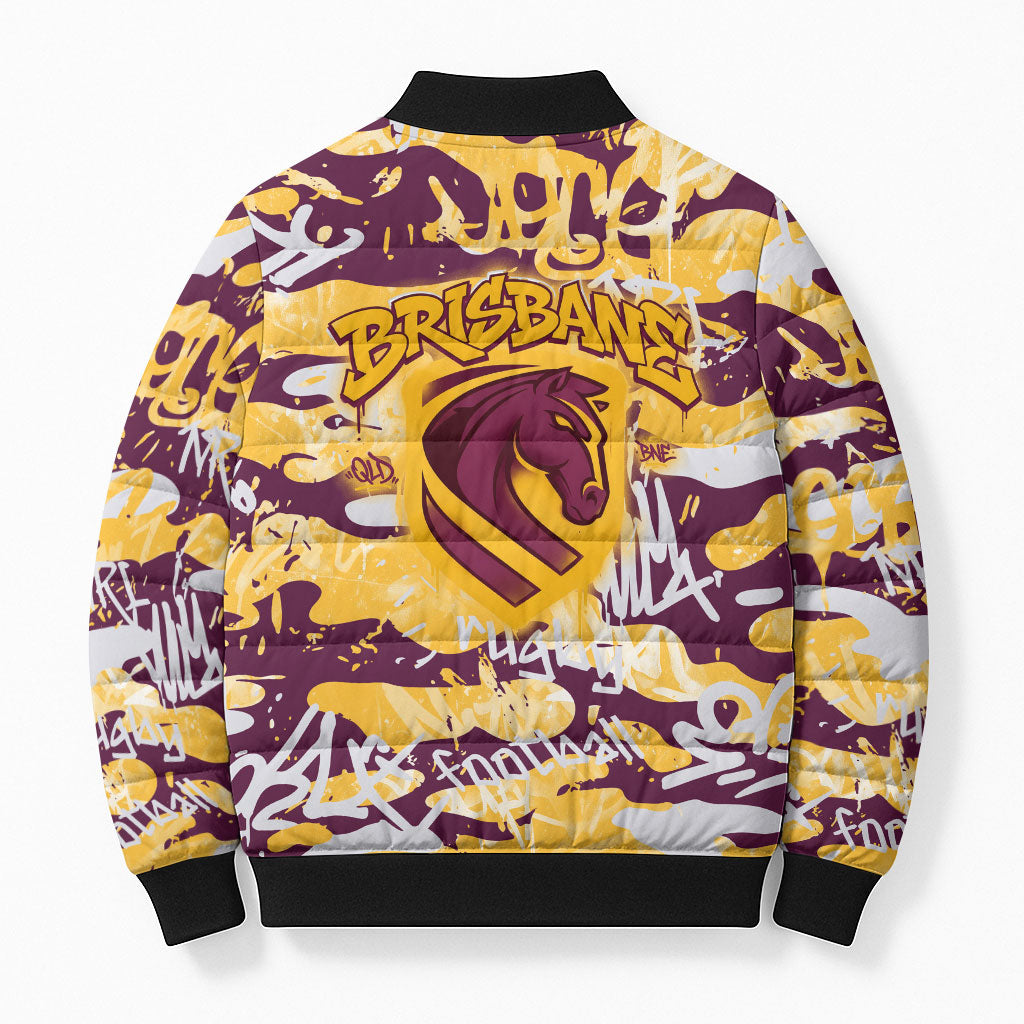 Brisbane Broncos Rugby Bomber Puffer Jacket Graffiti Typography Urban Camo Abstract Street Style