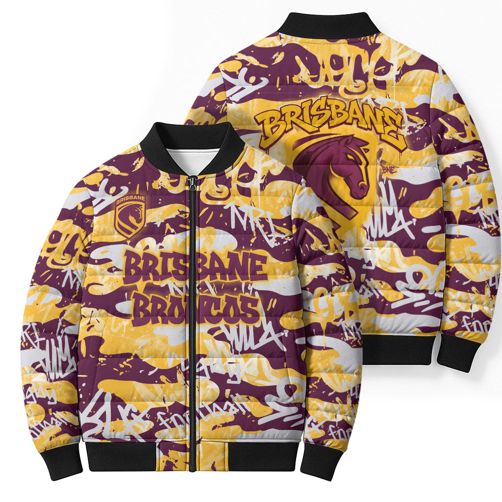 Brisbane Broncos Rugby Bomber Puffer Jacket Graffiti Typography Urban Camo Abstract Street Style