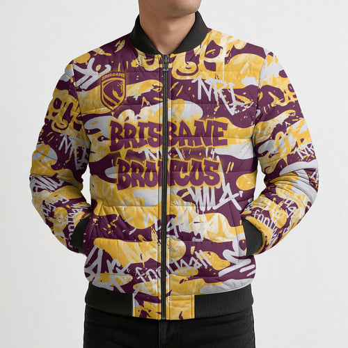 Brisbane Broncos Rugby Bomber Puffer Jacket Graffiti Typography Urban Camo Abstract Street Style