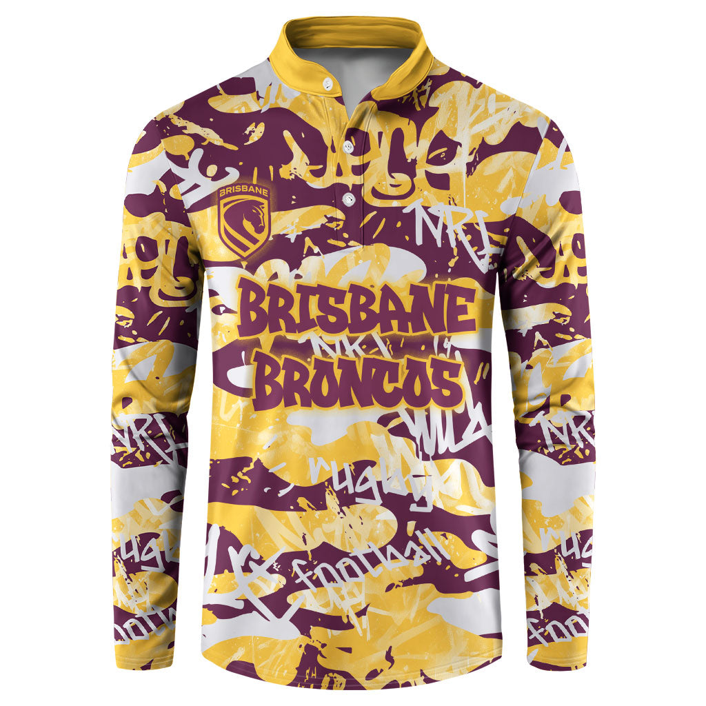 Brisbane Broncos Rugby Button Sweatshirt Graffiti Typography Urban Camo Abstract Street Style