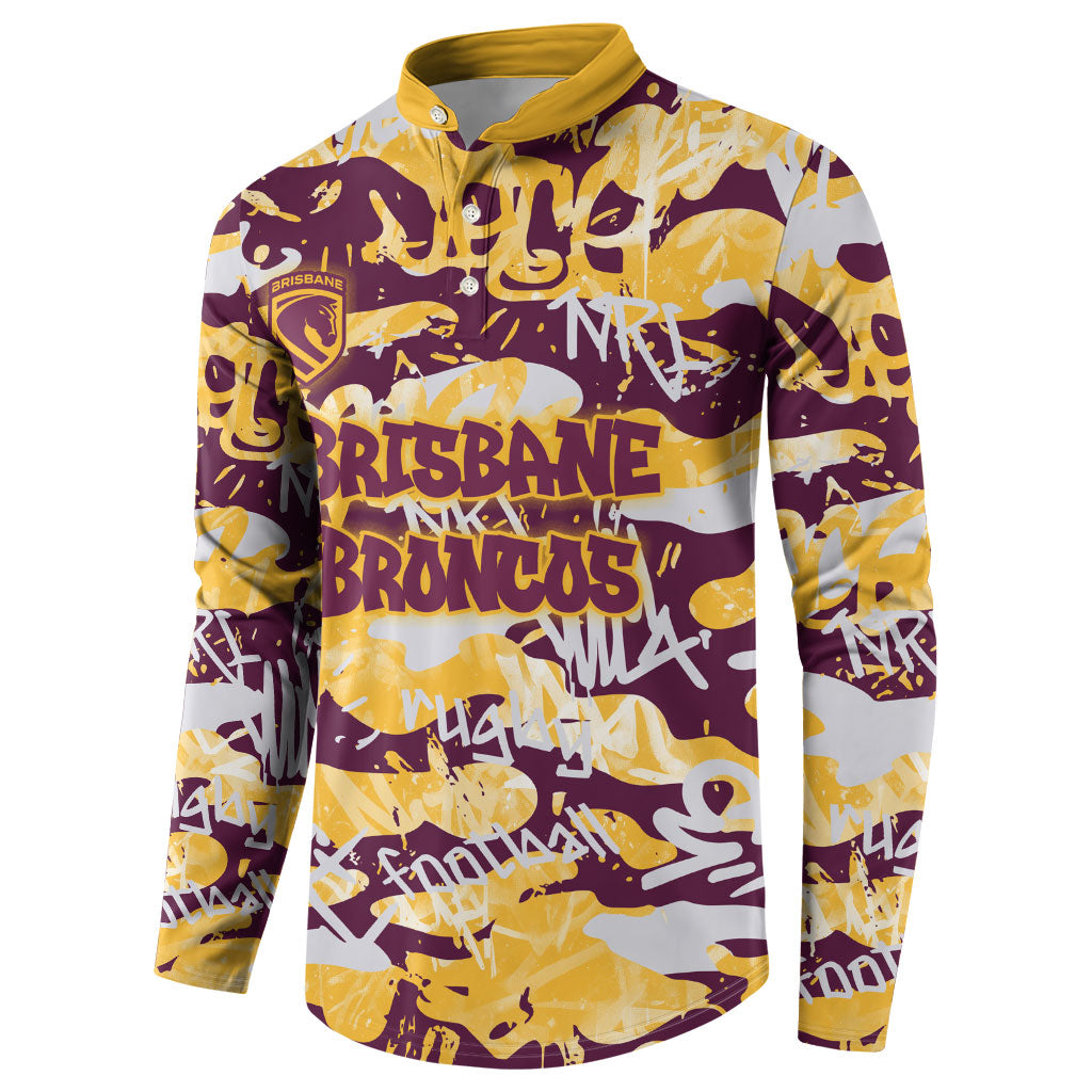 Brisbane Broncos Rugby Button Sweatshirt Graffiti Typography Urban Camo Abstract Street Style