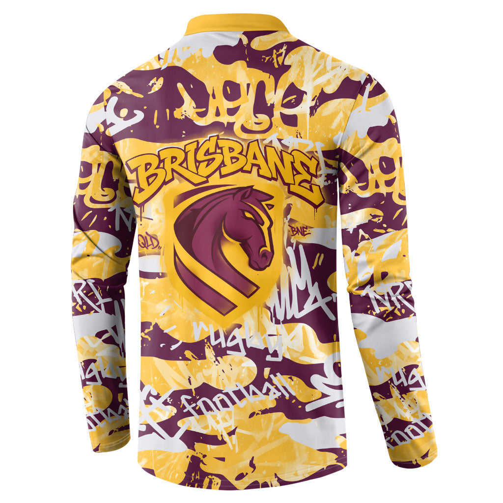 Brisbane Broncos Rugby Button Sweatshirt Graffiti Typography Urban Camo Abstract Street Style