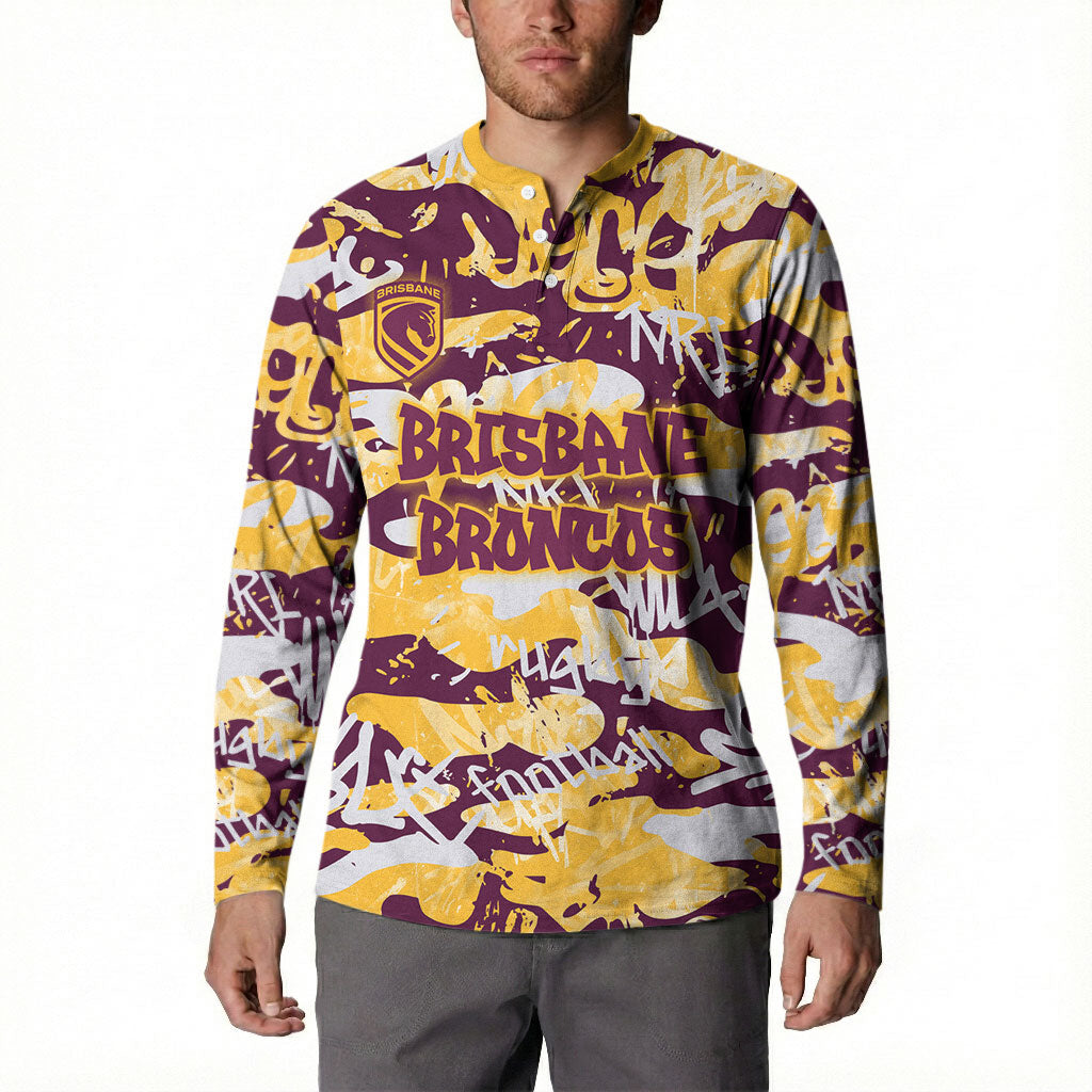 Brisbane Broncos Rugby Button Sweatshirt Graffiti Typography Urban Camo Abstract Street Style