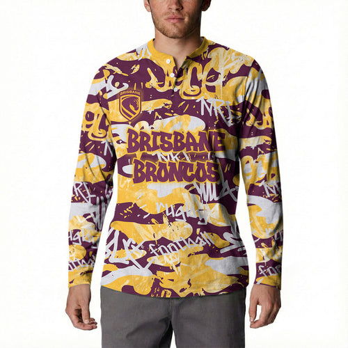 Brisbane Broncos Rugby Button Sweatshirt Graffiti Typography Urban Camo Abstract Street Style