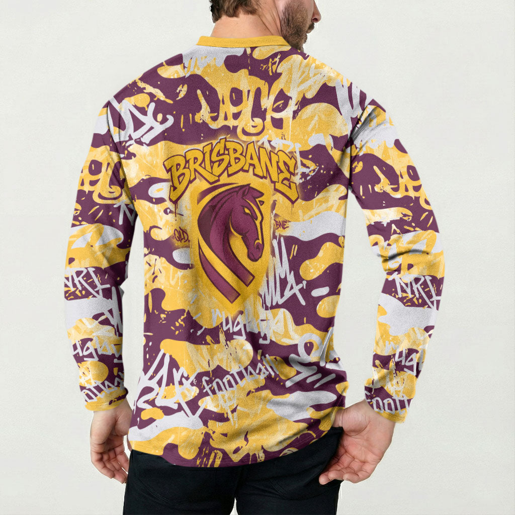 Brisbane Broncos Rugby Button Sweatshirt Graffiti Typography Urban Camo Abstract Street Style