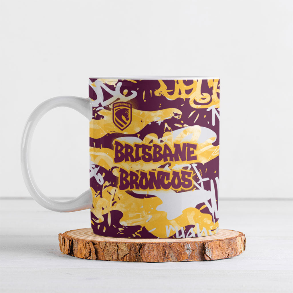 Brisbane Broncos Rugby Ceramic Mug Graffiti Typography Urban Camo Abstract Street Style