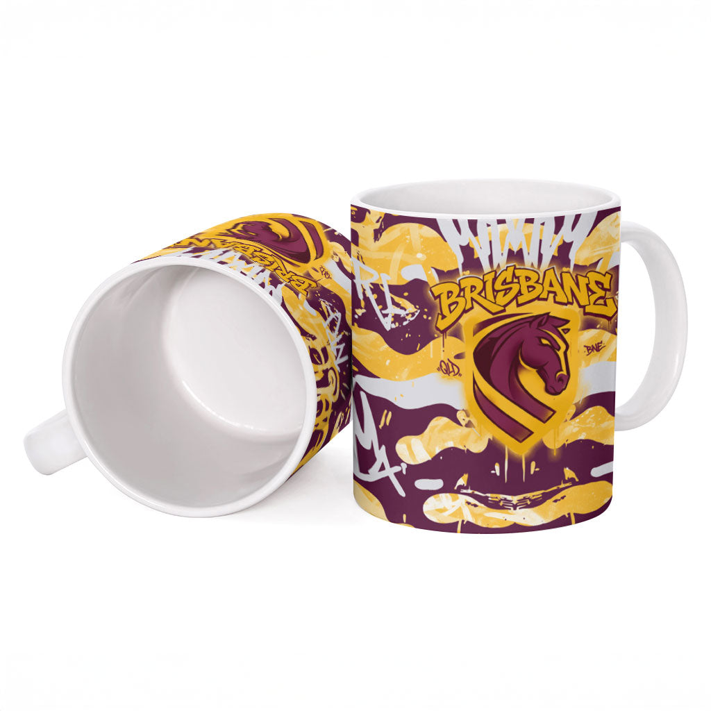 Brisbane Broncos Rugby Ceramic Mug Graffiti Typography Urban Camo Abstract Street Style