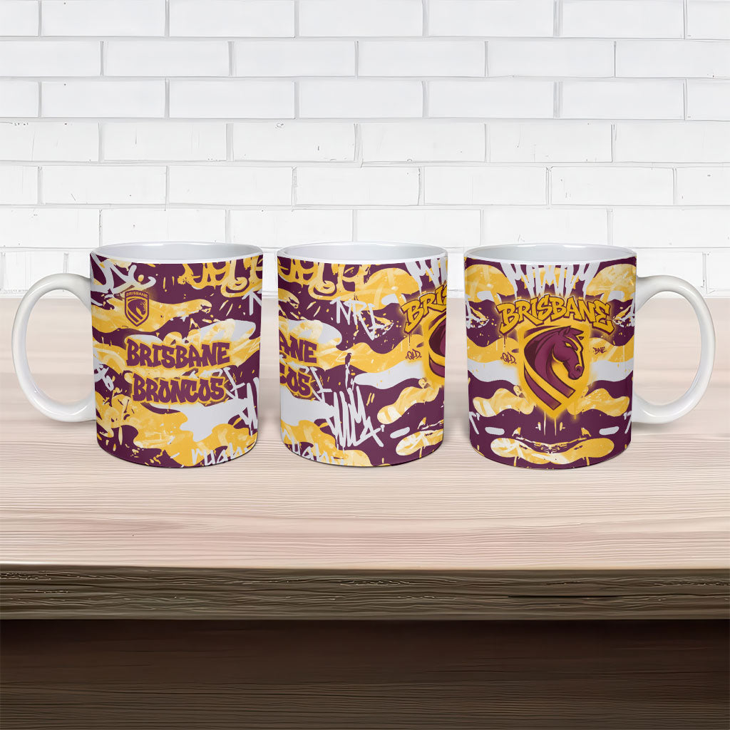 Brisbane Broncos Rugby Ceramic Mug Graffiti Typography Urban Camo Abstract Street Style
