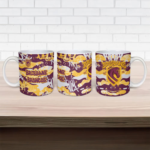 Brisbane Broncos Rugby Ceramic Mug Graffiti Typography Urban Camo Abstract Street Style
