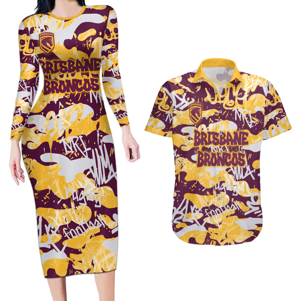 Brisbane Broncos Rugby Couples Matching Long Sleeve Bodycon Dress and Hawaiian Shirt Graffiti Typography Urban Camo Abstract Street Style
