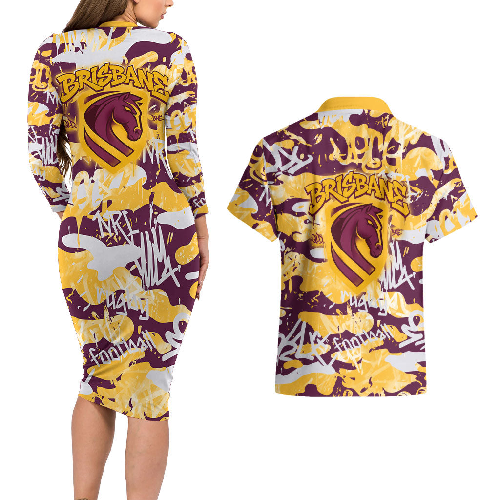 Brisbane Broncos Rugby Couples Matching Long Sleeve Bodycon Dress and Hawaiian Shirt Graffiti Typography Urban Camo Abstract Street Style