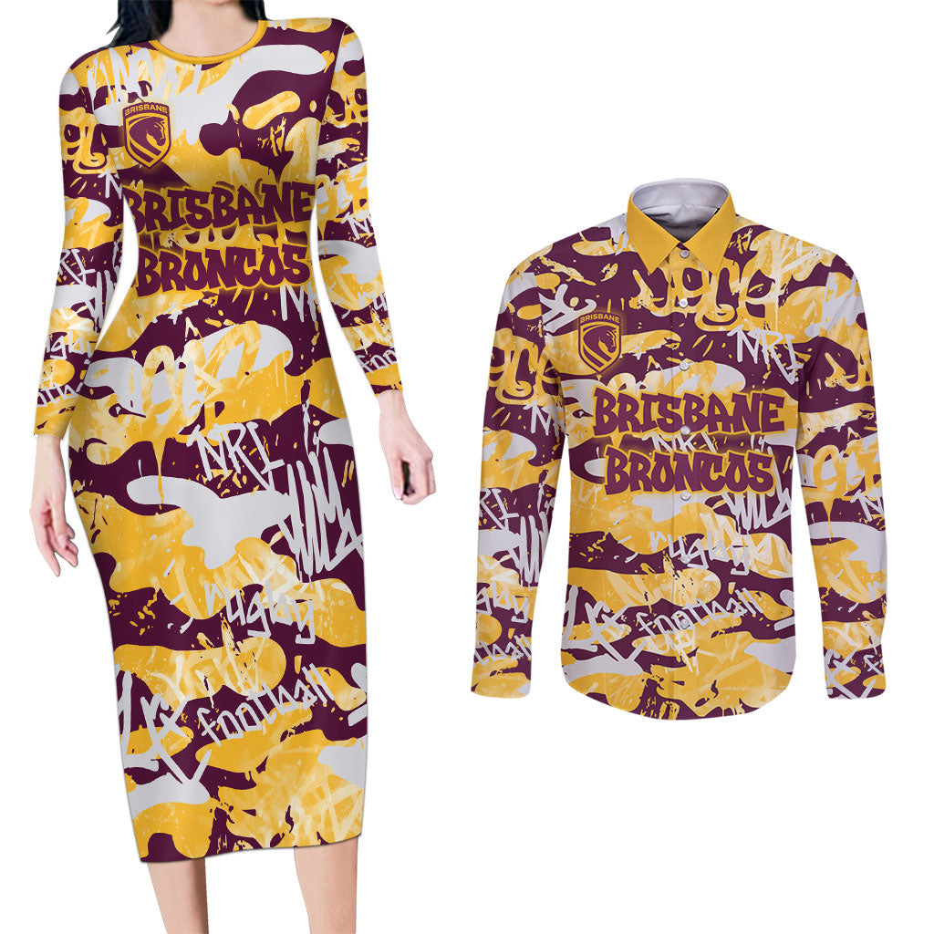 Brisbane Broncos Rugby Couples Matching Long Sleeve Bodycon Dress and Long Sleeve Button Shirt Graffiti Typography Urban Camo Abstract Street Style