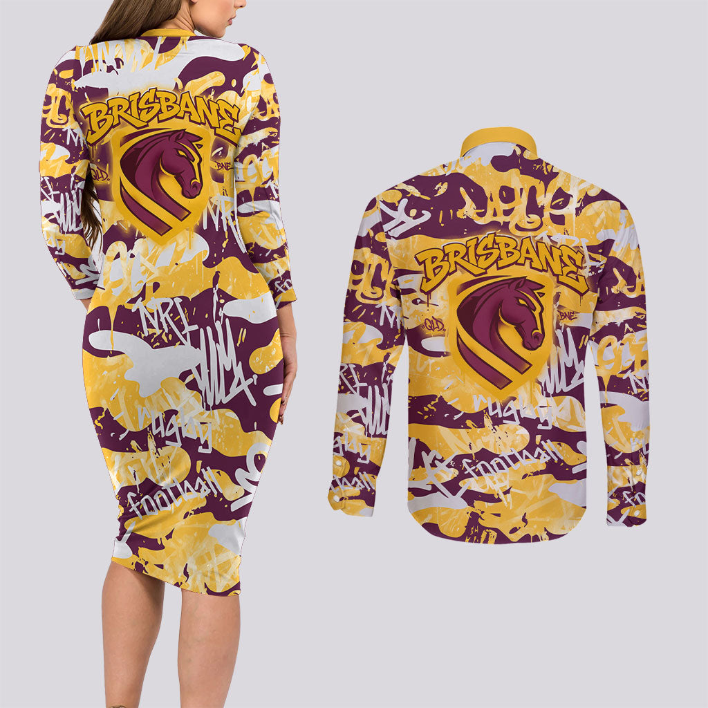 Brisbane Broncos Rugby Couples Matching Long Sleeve Bodycon Dress and Long Sleeve Button Shirt Graffiti Typography Urban Camo Abstract Street Style