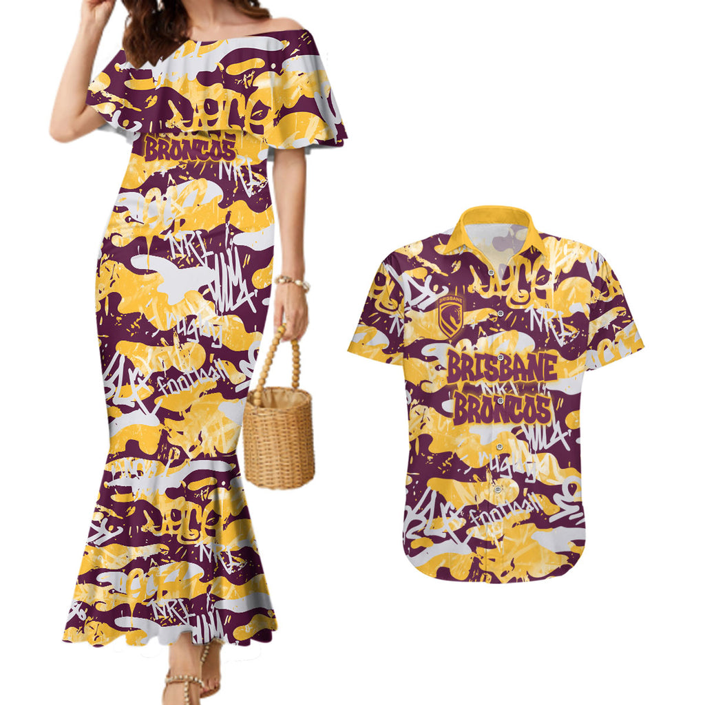 Brisbane Broncos Rugby Couples Matching Mermaid Dress and Hawaiian Shirt Graffiti Typography Urban Camo Abstract Street Style