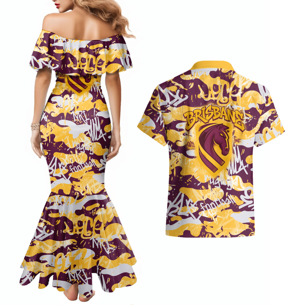 Brisbane Broncos Rugby Couples Matching Mermaid Dress and Hawaiian Shirt Graffiti Typography Urban Camo Abstract Street Style