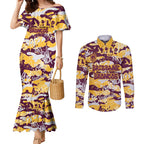 Brisbane Broncos Rugby Couples Matching Mermaid Dress and Long Sleeve Button Shirt Graffiti Typography Urban Camo Abstract Street Style