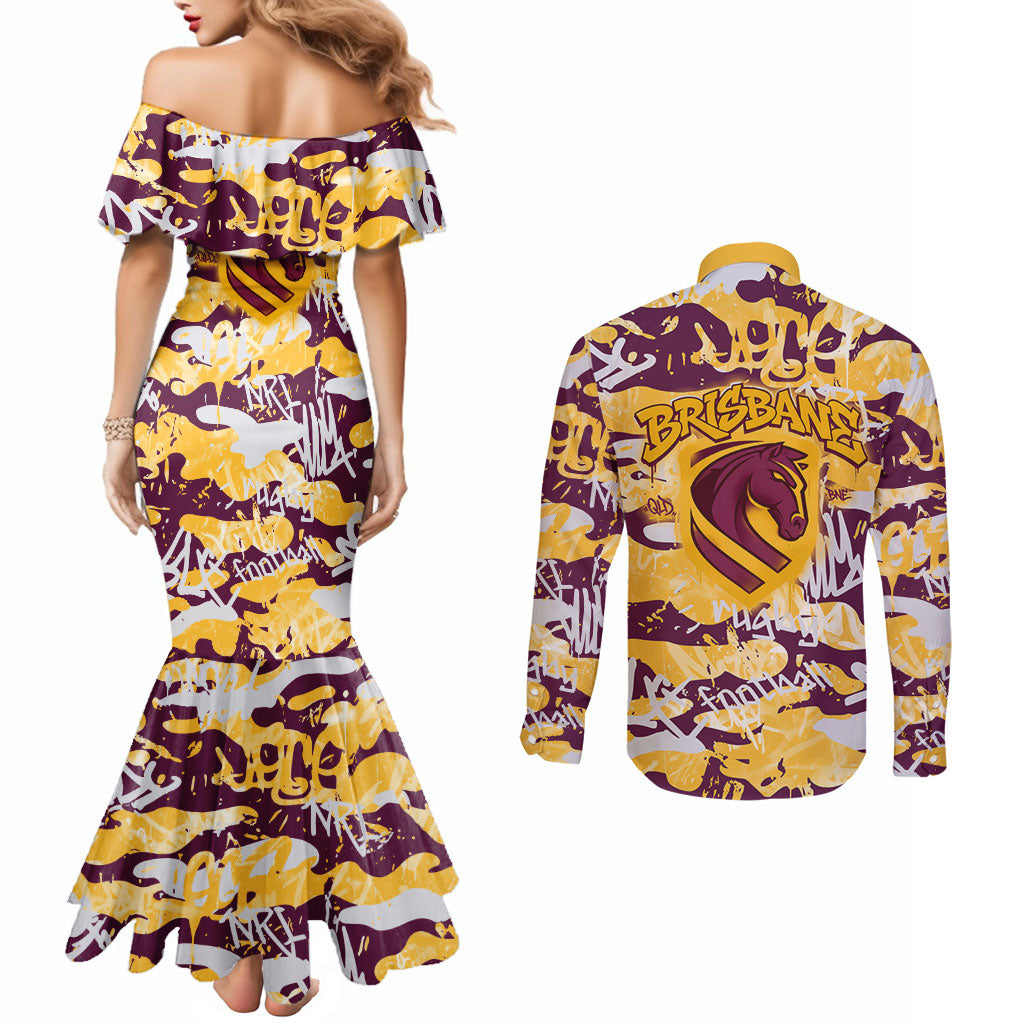 Brisbane Broncos Rugby Couples Matching Mermaid Dress and Long Sleeve Button Shirt Graffiti Typography Urban Camo Abstract Street Style