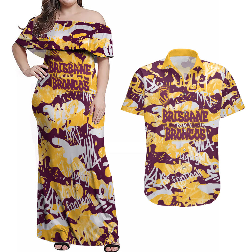 Brisbane Broncos Rugby Couples Matching Off Shoulder Maxi Dress and Hawaiian Shirt Graffiti Typography Urban Camo Abstract Street Style