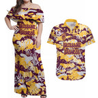 Brisbane Broncos Rugby Couples Matching Off Shoulder Maxi Dress and Hawaiian Shirt Graffiti Typography Urban Camo Abstract Street Style
