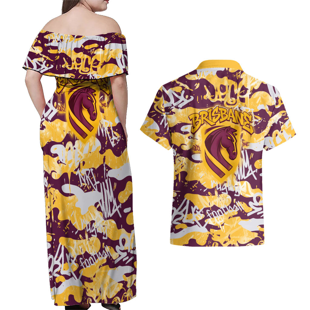 Brisbane Broncos Rugby Couples Matching Off Shoulder Maxi Dress and Hawaiian Shirt Graffiti Typography Urban Camo Abstract Street Style