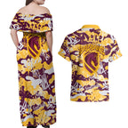Brisbane Broncos Rugby Couples Matching Off Shoulder Maxi Dress and Hawaiian Shirt Graffiti Typography Urban Camo Abstract Street Style