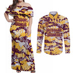 Brisbane Broncos Rugby Couples Matching Off Shoulder Maxi Dress and Long Sleeve Button Shirt Graffiti Typography Urban Camo Abstract Street Style