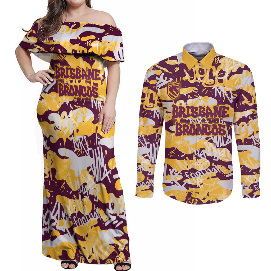 Brisbane Broncos Rugby Couples Matching Off Shoulder Maxi Dress and Long Sleeve Button Shirt Graffiti Typography Urban Camo Abstract Street Style
