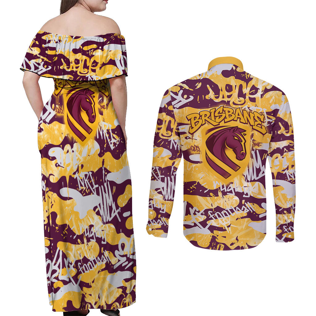 Brisbane Broncos Rugby Couples Matching Off Shoulder Maxi Dress and Long Sleeve Button Shirt Graffiti Typography Urban Camo Abstract Street Style