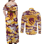 Brisbane Broncos Rugby Couples Matching Off Shoulder Maxi Dress and Long Sleeve Button Shirt Graffiti Typography Urban Camo Abstract Street Style