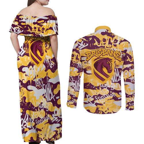 Brisbane Broncos Rugby Couples Matching Off Shoulder Maxi Dress and Long Sleeve Button Shirt Graffiti Typography Urban Camo Abstract Street Style
