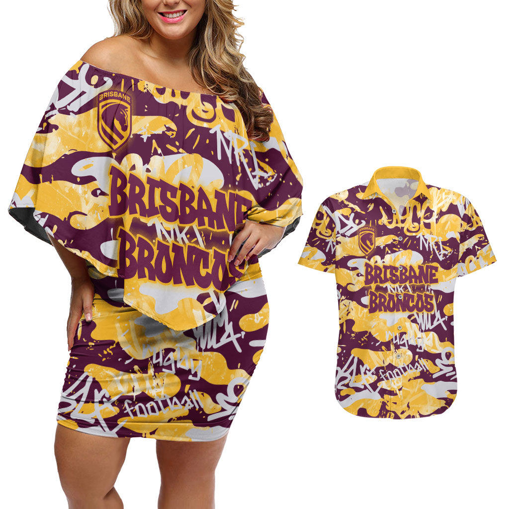 Brisbane Broncos Rugby Couples Matching Off Shoulder Short Dress and Hawaiian Shirt Graffiti Typography Urban Camo Abstract Street Style