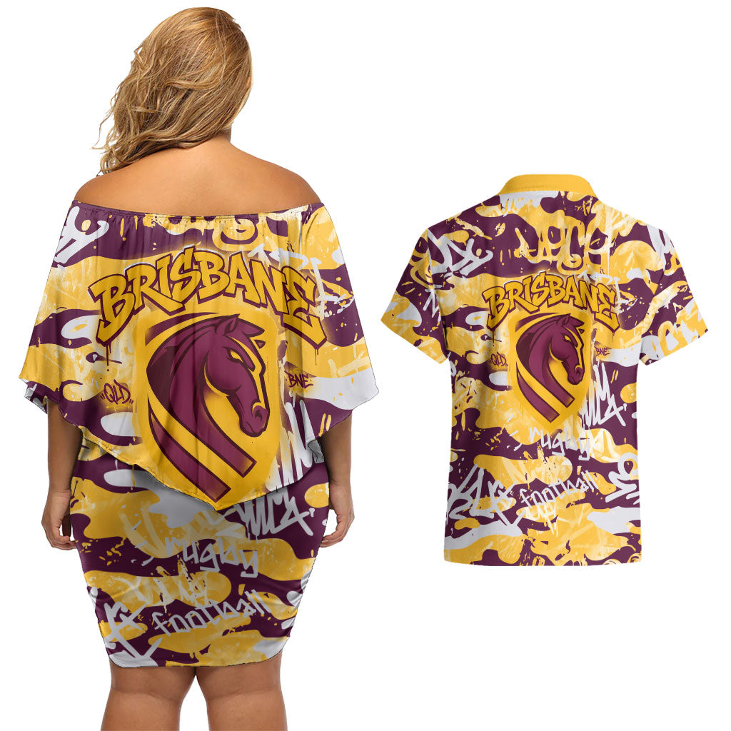 Brisbane Broncos Rugby Couples Matching Off Shoulder Short Dress and Hawaiian Shirt Graffiti Typography Urban Camo Abstract Street Style
