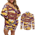 Brisbane Broncos Rugby Couples Matching Off Shoulder Short Dress and Long Sleeve Button Shirt Graffiti Typography Urban Camo Abstract Street Style