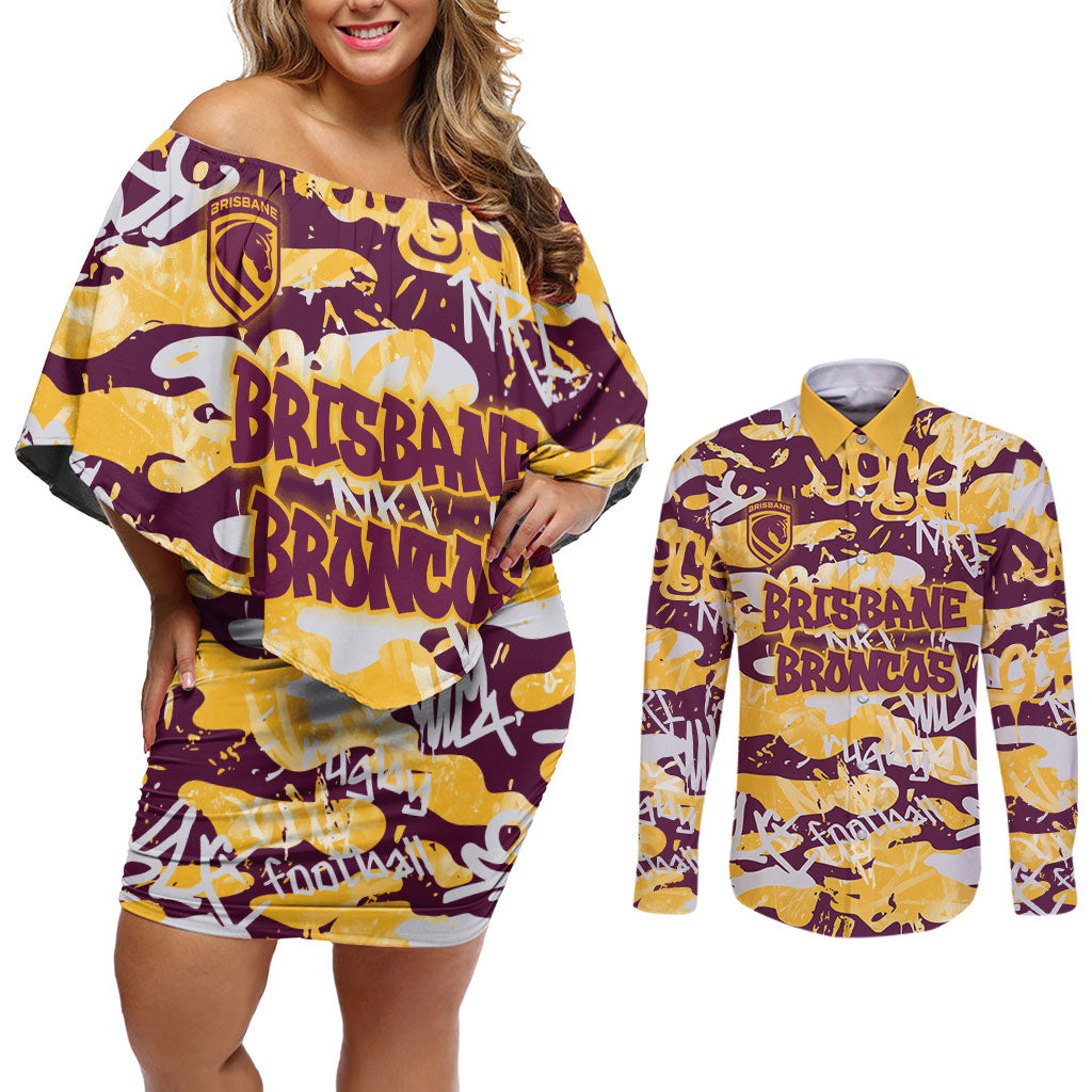 Brisbane Broncos Rugby Couples Matching Off Shoulder Short Dress and Long Sleeve Button Shirt Graffiti Typography Urban Camo Abstract Street Style