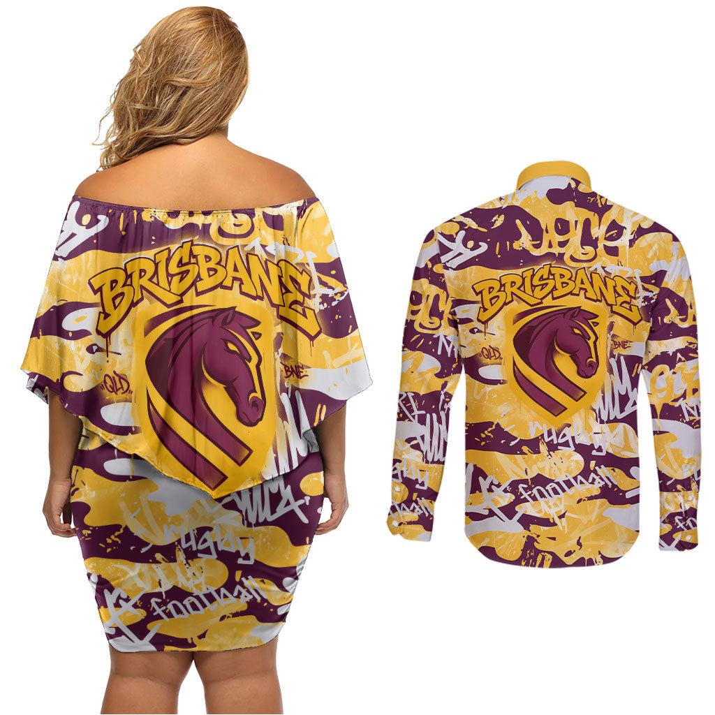 Brisbane Broncos Rugby Couples Matching Off Shoulder Short Dress and Long Sleeve Button Shirt Graffiti Typography Urban Camo Abstract Street Style
