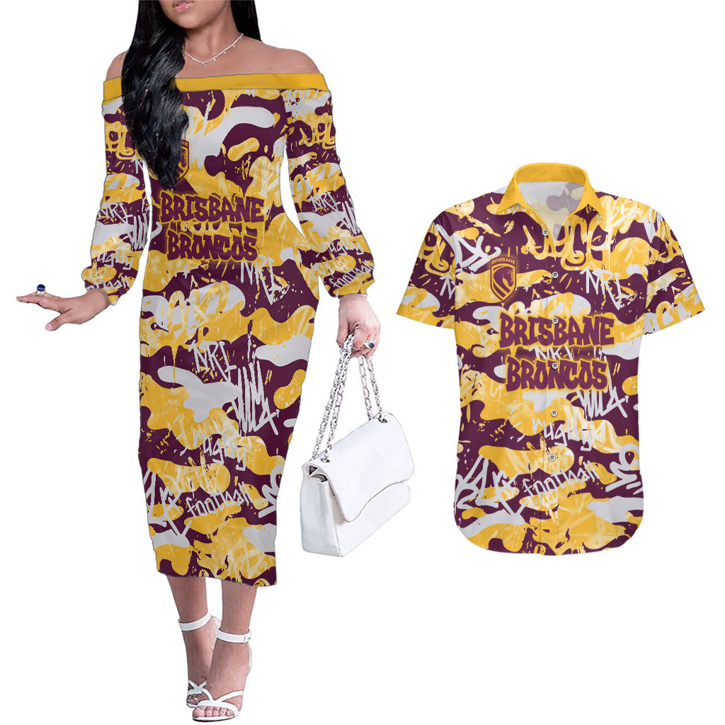 Brisbane Broncos Rugby Couples Matching Off The Shoulder Long Sleeve Dress and Hawaiian Shirt Graffiti Typography Urban Camo Abstract Street Style