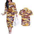 Brisbane Broncos Rugby Couples Matching Off The Shoulder Long Sleeve Dress and Hawaiian Shirt Graffiti Typography Urban Camo Abstract Street Style