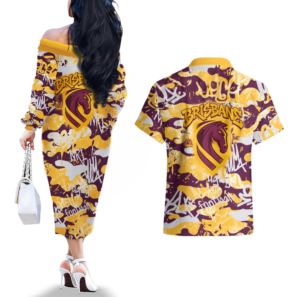 Brisbane Broncos Rugby Couples Matching Off The Shoulder Long Sleeve Dress and Hawaiian Shirt Graffiti Typography Urban Camo Abstract Street Style