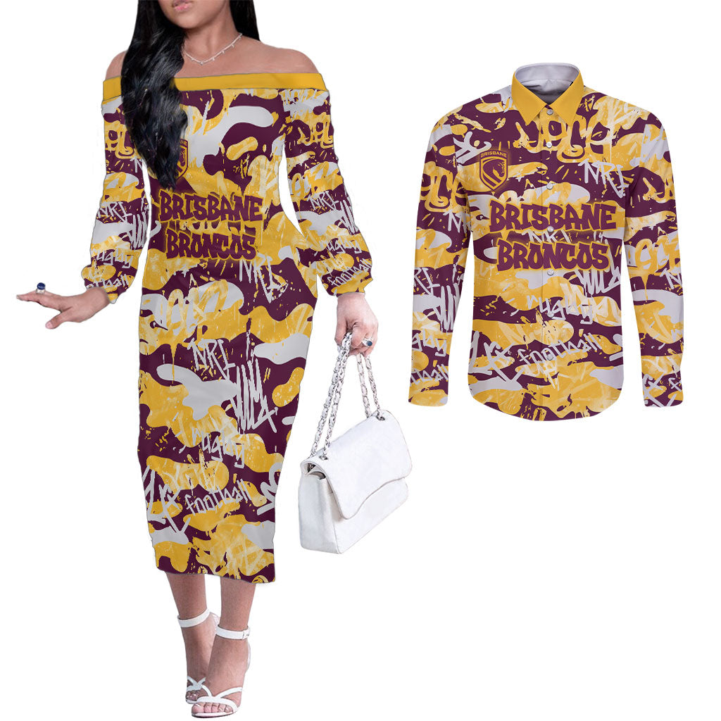 Brisbane Broncos Rugby Couples Matching Off The Shoulder Long Sleeve Dress and Long Sleeve Button Shirt Graffiti Typography Urban Camo Abstract Street Style