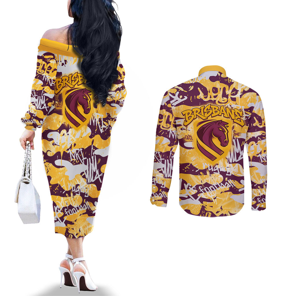 Brisbane Broncos Rugby Couples Matching Off The Shoulder Long Sleeve Dress and Long Sleeve Button Shirt Graffiti Typography Urban Camo Abstract Street Style