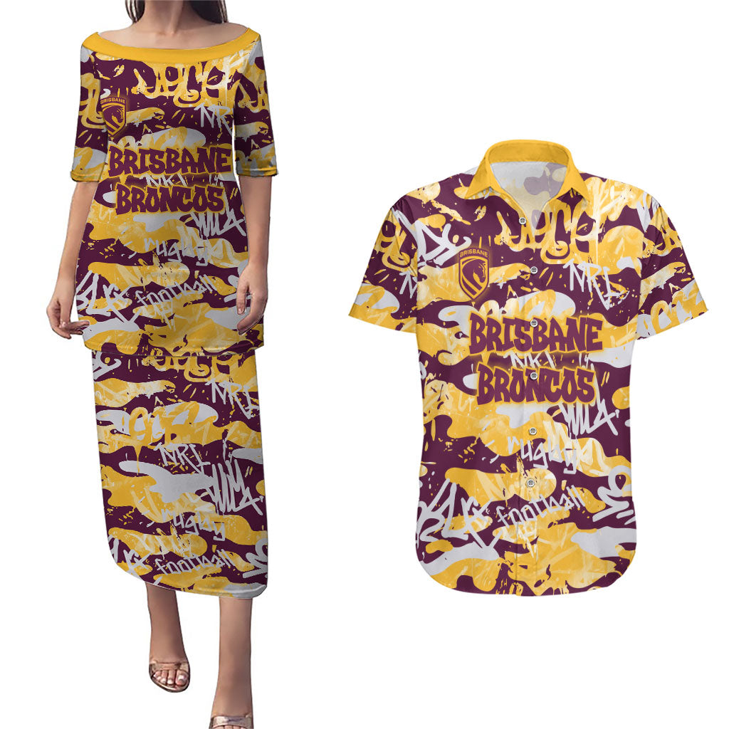 Brisbane Broncos Rugby Couples Matching Puletasi and Hawaiian Shirt Graffiti Typography Urban Camo Abstract Street Style