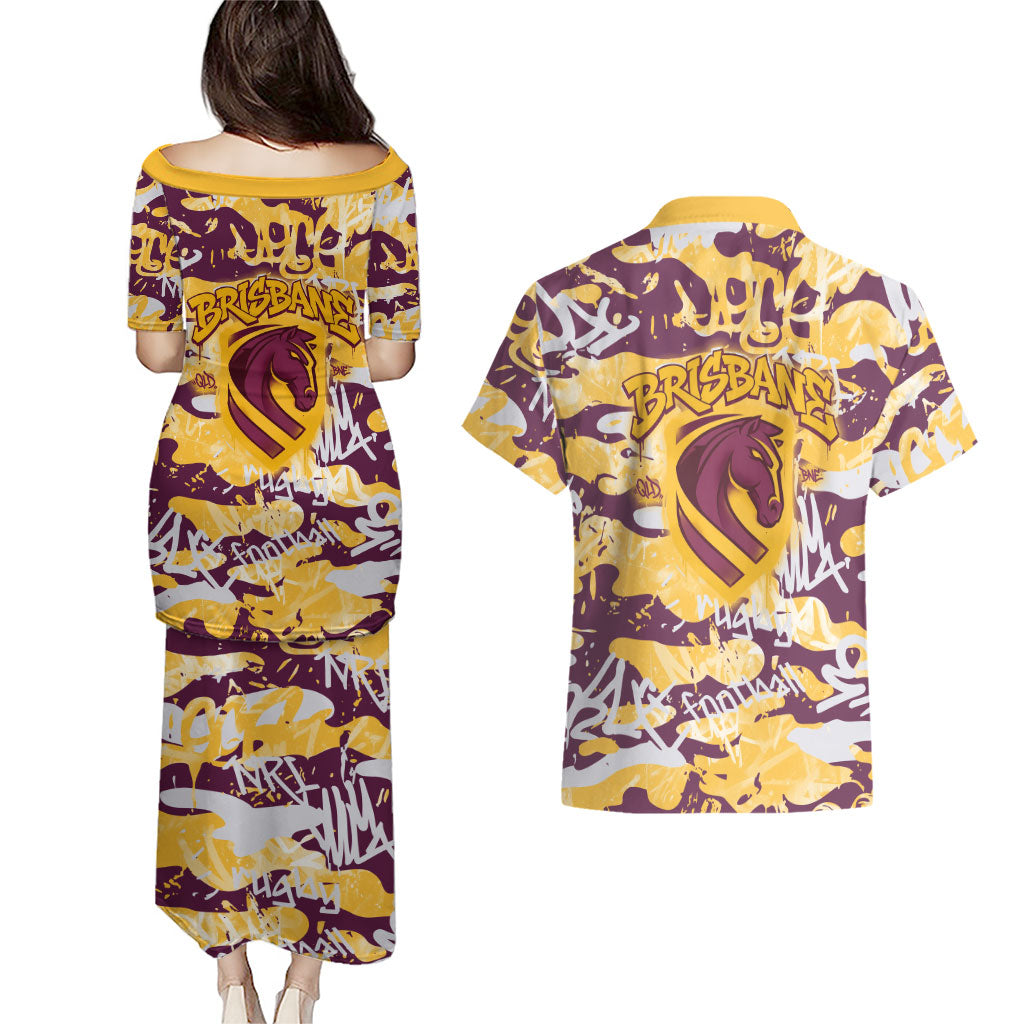 Brisbane Broncos Rugby Couples Matching Puletasi and Hawaiian Shirt Graffiti Typography Urban Camo Abstract Street Style