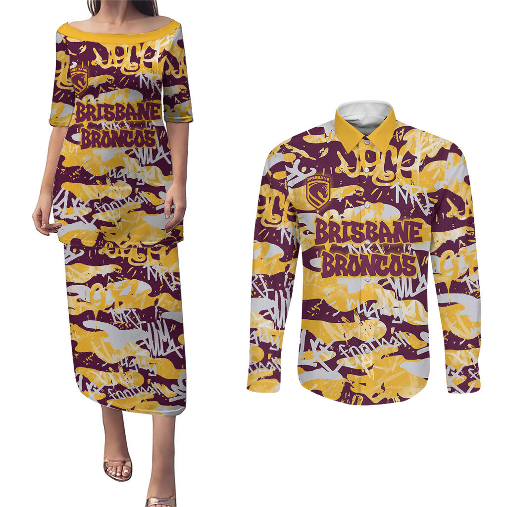 Brisbane Broncos Rugby Couples Matching Puletasi and Long Sleeve Button Shirt Graffiti Typography Urban Camo Abstract Street Style