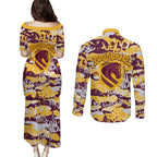 Brisbane Broncos Rugby Couples Matching Puletasi and Long Sleeve Button Shirt Graffiti Typography Urban Camo Abstract Street Style